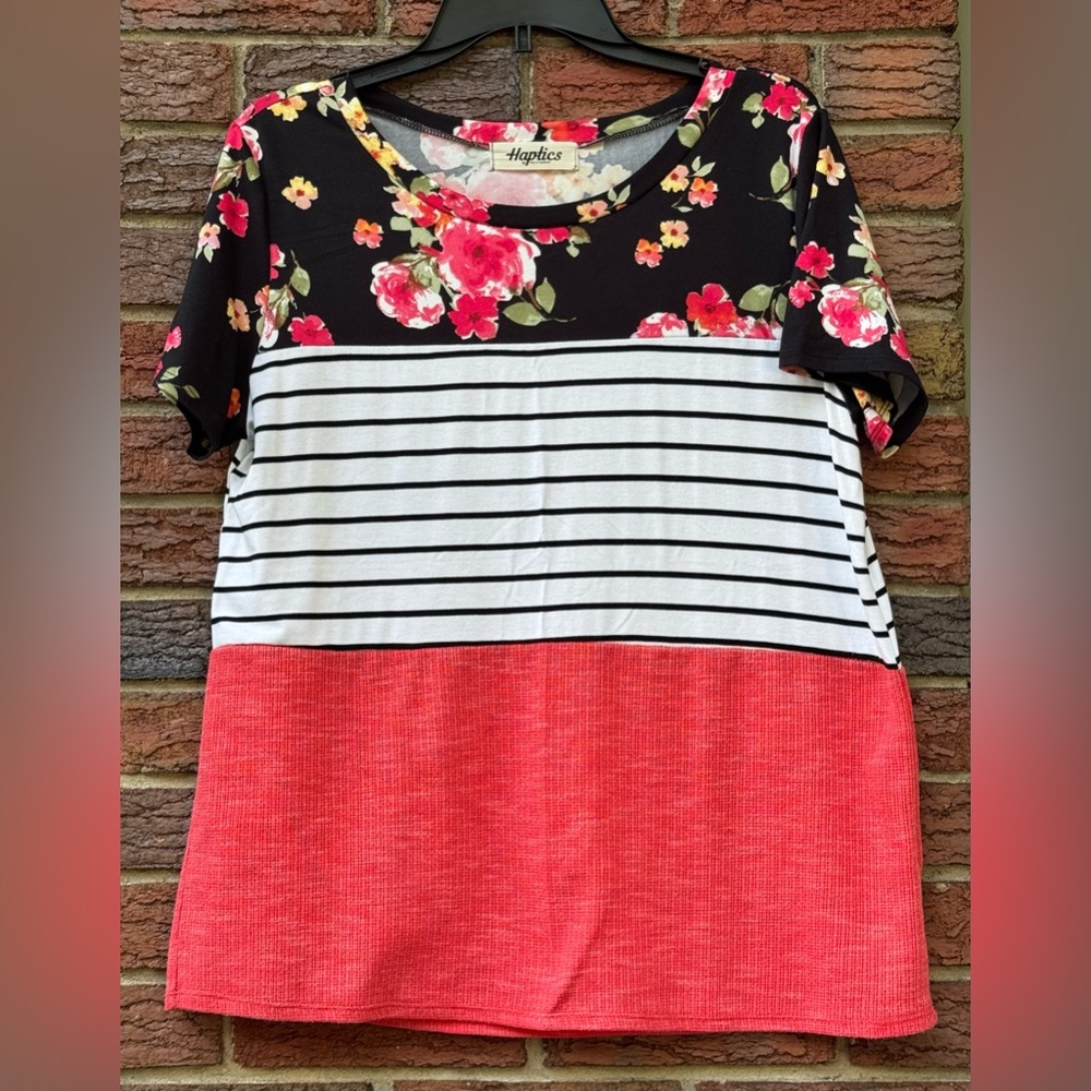Women's Floral and Striped Top - Black, Red, White